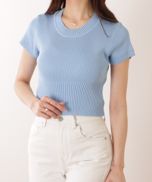 Lace Ladies(レースレディース)の「ソリッドカラー 切替 リブ 半袖 クルーネック コンパクト ニット(ニット/セーター・レディース・ブルー/ブラック/ホワイト/グリーン・FREE)」の20枚目の写真