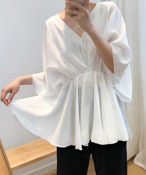 【セール】ボリューム袖 シャツブラウス Vネック（シャツ/ブラウス）｜Miniministore（ミニミニストア）