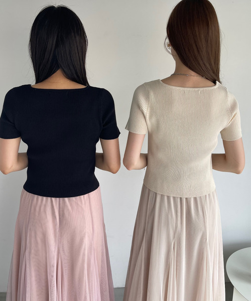 美品☆チコ 半袖ニットソー アーガイル柄 スクエアネック サマーニット 春夏 黒 KOEISTORE ニット セーター サマーニット レディース ニット