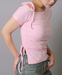 肩リボン半袖リブカットソー