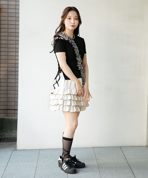 SPINNS(スピンズ)の「肩リボン半袖リブカットソー(Tシャツ/カットソー・レディース・ホワイト/ピンク/ブラック・ONESIZE)」の4枚目の写真