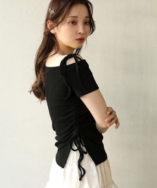 SPINNS(スピンズ)の「肩リボン半袖リブカットソー(Tシャツ/カットソー・レディース・ホワイト/ピンク/ブラック・ONESIZE)」の9枚目の写真