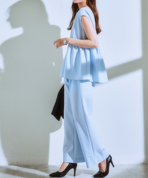 7days Life Styling（セブンデイズライフスタイリング）の「（接触冷感・防しわ・ＵＶカット）高機能サッカー生地ペプラムブラウス（シャツ/ブラウス・レディース・ネイビー/サックスブルー・LL/L/M）」の10枚目の写真