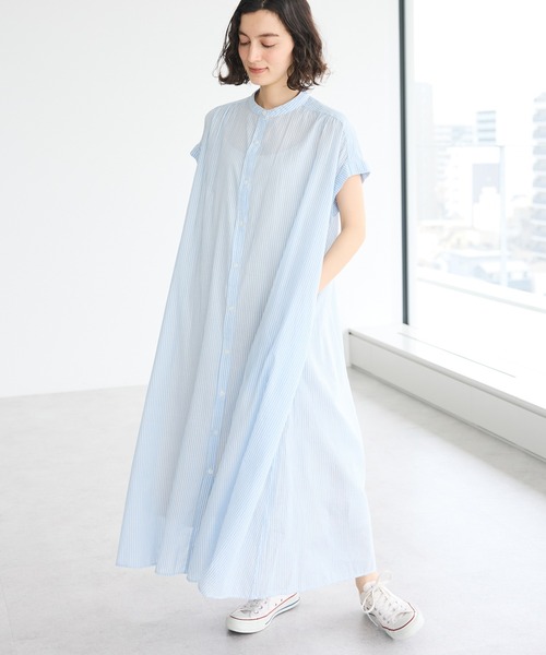 CRAFT STANDARD BOUTIQUE(クラフトスタンダードブティック)の「インド綿バンドカラーワンピース(ワンピース・レディース・ネイビー/グレー系その他2/サックスブルー系3/ラベンダー・FREE)」の1枚目の写真