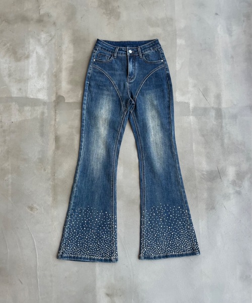 セール】ブーツカットラインストーンデニムパンツ（デニムパンツ