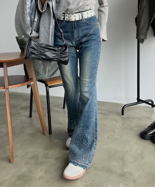 セール】ブーツカットラインストーンデニムパンツ（デニムパンツ