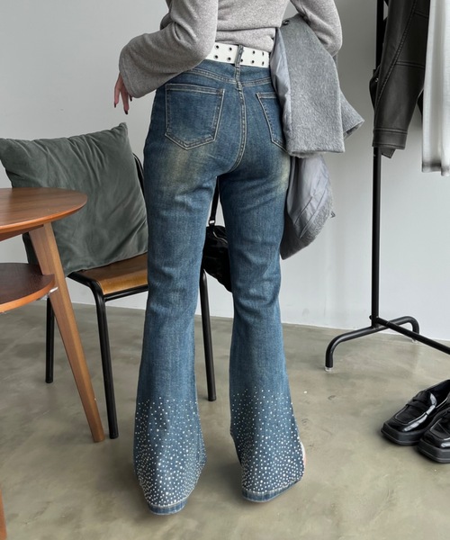 PARASUCO ストーン装飾 ブーツカットデニム PARASUCO ストーン装飾 ブーツカットデニム EV」ラインストーン装飾