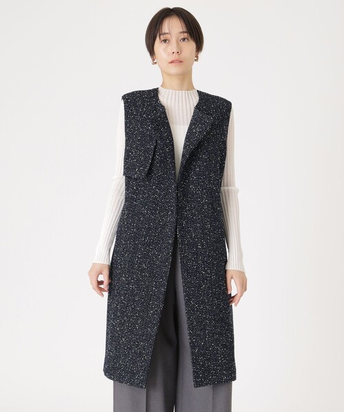 【セール】【着回し抜群】ガンパッチディテールツィードロングジレ（ベスト）｜CAST:（キャスト コロン）