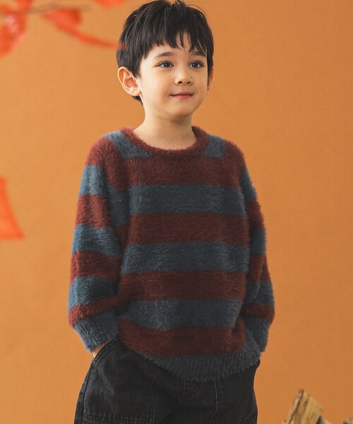 B:MING by BEAMS(ビーミングバイビームス)の「シャギー ボーダー ニット プルオーバー 2024FW(90~140cm)(ニット/セーター・キッズ・グレー/ピンク・S(90-100)/M(110-120)/L(130-140))」の1枚目の写真