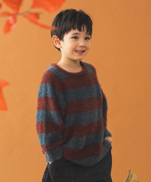 B:MING by BEAMS(ビーミングバイビームス)の「シャギー ボーダー ニット プルオーバー 2024FW(90~140cm)(ニット/セーター・キッズ・グレー/ピンク・S(90-100)/M(110-120)/L(130-140))」の3枚目の写真