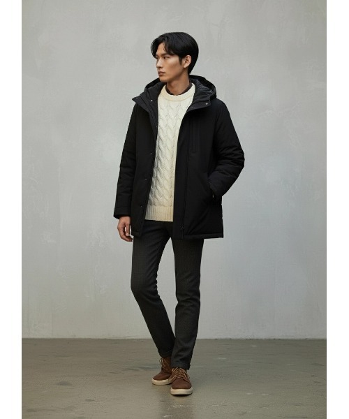 オールウエザーテックス フード付きハイブリッドダウンコート ブラック