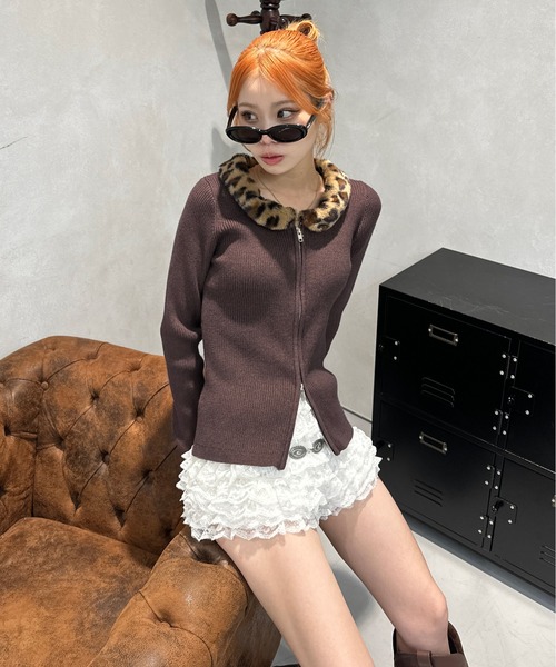 レオパードフェイクファーリブニット（ニット/セーター