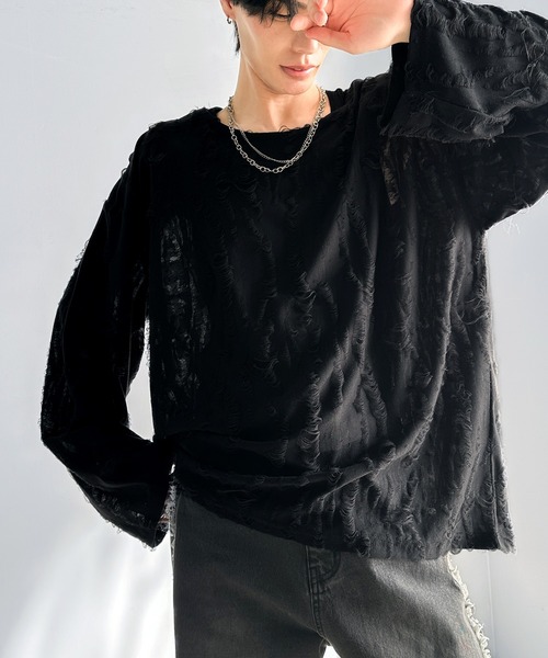classicalelf(クラシカルエルフ)の「グランジを楽しむ旬スタイル。ダメージ加工ビッグシルエットジャカードカットソーTシャツ(長袖)(Tシャツ/カットソー・メンズ・チャコール/ブラック・MEDIUM/LARGE/X-LARGE/SMALL)」の7枚目の写真