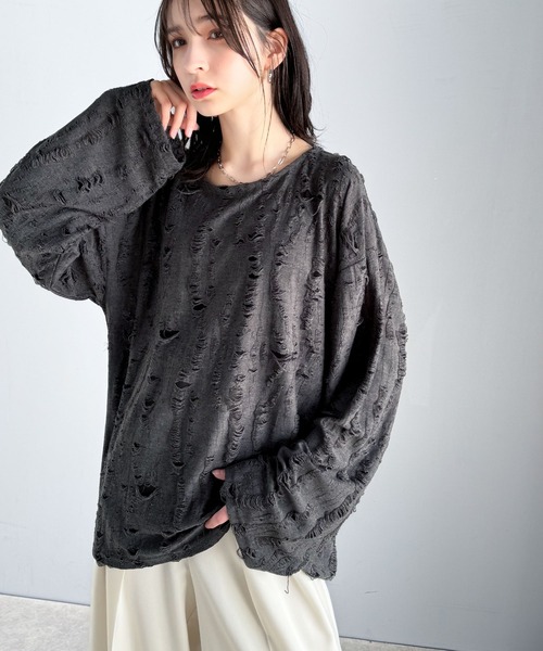 classicalelf(クラシカルエルフ)の「グランジを楽しむ旬スタイル。ダメージ加工ビッグシルエットジャカードカットソーTシャツ(長袖)(Tシャツ/カットソー・メンズ・チャコール/ブラック・MEDIUM/LARGE/X-LARGE/SMALL)」の21枚目の写真