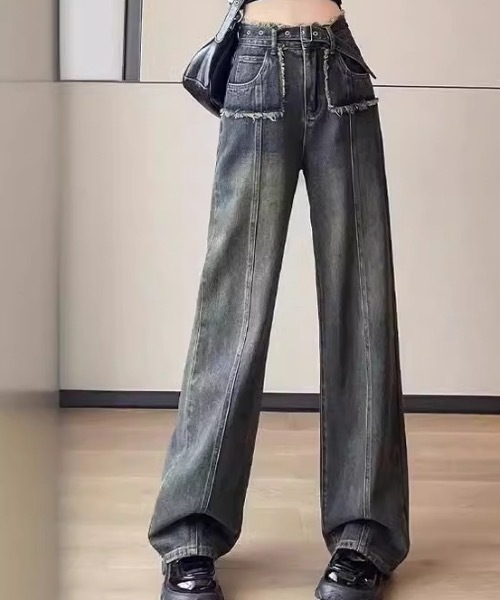 lilful(リルフル)の「【ベルト付き】フロント切り替え ワイドフリンジデニム(デニムパンツ・レディース・ブルー・M/L/S)」の11枚目の写真