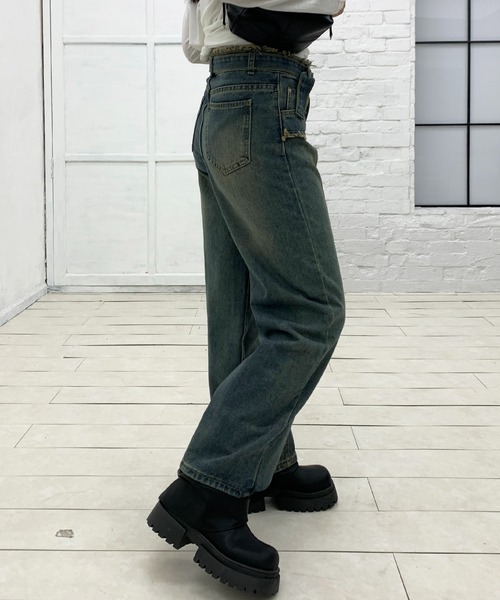 lilful(リルフル)の「【ベルト付き】フロント切り替え ワイドフリンジデニム(デニムパンツ・レディース・ブルー・M/L/S)」の3枚目の写真