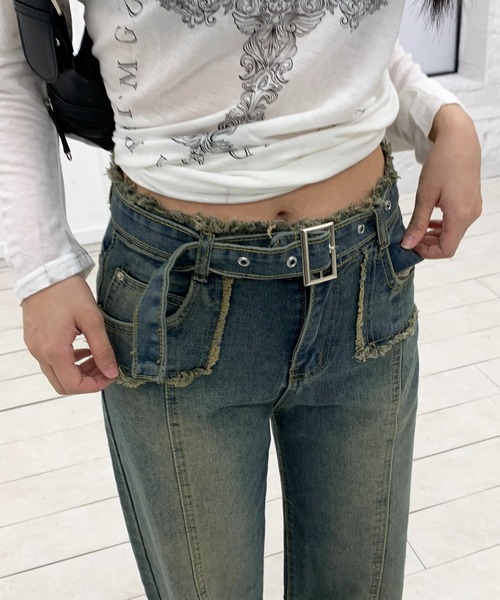 lilful(リルフル)の「【ベルト付き】フロント切り替え ワイドフリンジデニム(デニムパンツ・レディース・ブルー・M/L/S)」の6枚目の写真