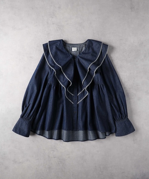 SOMETHING（サムシング）の「SOMETHING(サムシング)【レディース】【WEB限定】フリルカラーデニムシャツ（シャツ/ブラウス・レディース・ノンウォッシュ・S/M）」の2枚目の写真