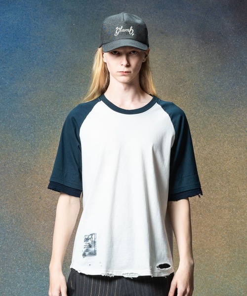 glamb(グラム)の「Damaged Raglan T-Shirt / ダメージラグランTシャツ(Tシャツ/カットソー・メンズ・オレンジ/チャコール/ホワイト・S/M/L)」の2枚目の写真