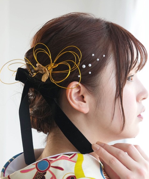 utatane（ウタタネ）の「髪飾り 6点セット ベルベットリボン＆水引＆パール＆ゴールドアクセ（和装小物・レディース・ブラック/ボルドー・FREE）」の8枚目の写真