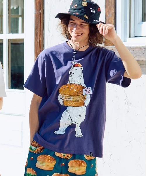 go slow caravan(ゴースローキャラバン)の「DOMDOM × gsc 手作り厚焼きたまごバーガークマTEE(Tシャツ/カットソー・メンズ・ホワイト/バイオレット・LARGE/MEDIUM/X-LARGE)」の8枚目の写真