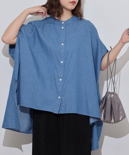ブラウス シャツ Anna Nicola ライトデニムフレアロングブラウス　ノーカラー アシンメトリー バックロング フィッシュテール レディース セール】Anna Nicola ライトデニムフレアロングブラウス ノー