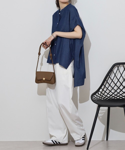 ブラウス シャツ Anna Nicola ライトデニムフレアロングブラウス　ノーカラー アシンメトリー バックロング フィッシュテール レディース アンナニコラ Anna Nicola ライトデニムフレアロングブラウス