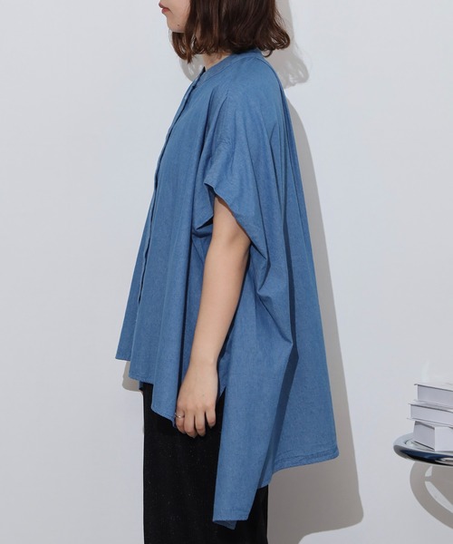 ブラウス シャツ Anna Nicola ライトデニムフレアロングブラウス　ノーカラー アシンメトリー バックロング フィッシュテール レディース セール】Anna Nicola ライトデニムフレアロングブラウス ノー