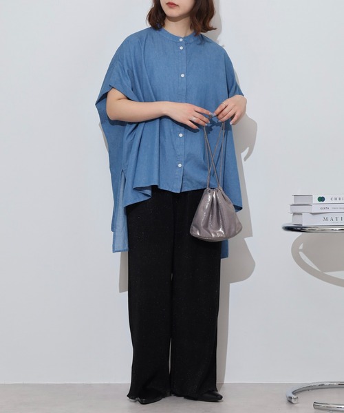 ブラウス シャツ Anna Nicola ライトデニムフレアロングブラウス　ノーカラー アシンメトリー バックロング フィッシュテール レディース セール】Anna Nicola ライトデニムフレアロングブラウス ノー