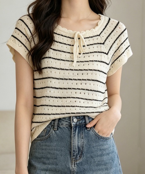 Miniministore(ミニミニストア)の「パンチングリボン半袖ニットトップス韓国風(ニット/セーター・レディース・ブラック/アイボリー・FREE)」の1枚目の写真