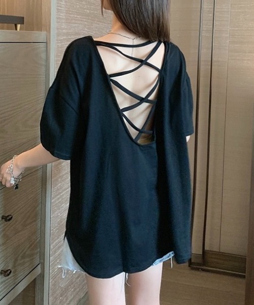 LADY LIKE(レディライク)の「バッククロスゆったりTシャツ(Tシャツ/カットソー・レディース・パープル/ホワイト/ピンク/ブラック・M)」の10枚目の写真