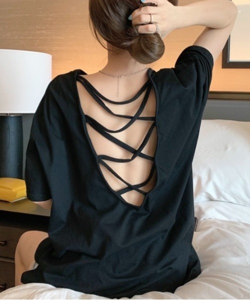 LADY LIKE(レディライク)の「バッククロスゆったりTシャツ(Tシャツ/カットソー・レディース・パープル/ホワイト/ピンク/ブラック・M)」の5枚目の写真