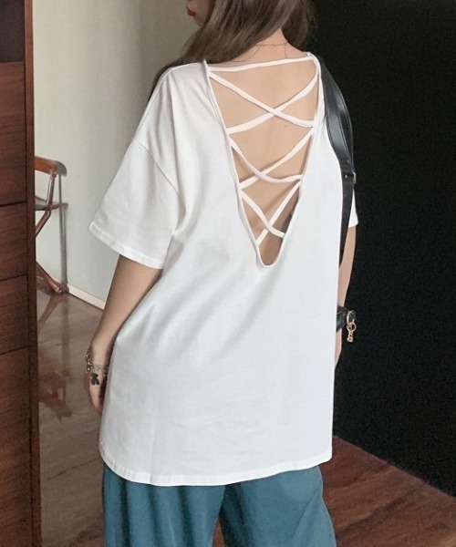 LADY LIKE(レディライク)の「バッククロスゆったりTシャツ(Tシャツ/カットソー・レディース・パープル/ホワイト/ピンク/ブラック・M)」の18枚目の写真