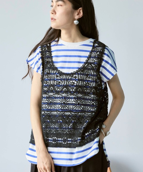 Libra Cue(リブラ キュー)の「フレンチスリーブボーダーカットソー(Tシャツ/カットソー・レディース・ブラック/ブルー・FREE)」の2枚目の写真