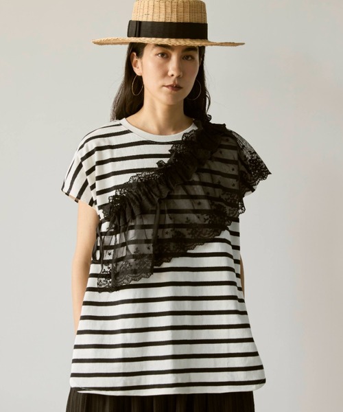 Libra Cue(リブラ キュー)の「フレンチスリーブボーダーカットソー(Tシャツ/カットソー・レディース・ブラック/ブルー・FREE)」の1枚目の写真