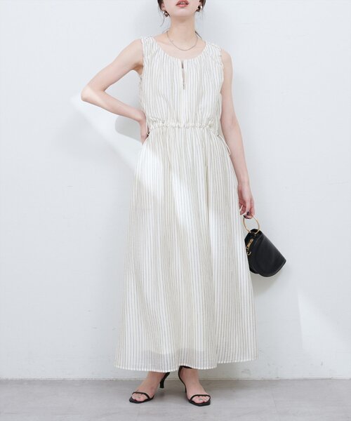 natural couture(ナチュラルクチュール)の「【mamamo】袖ギャザーウエストドロストワンピース(ワンピース・レディース・イエロー/ストライプ/ブラック・FREE)」の3枚目の写真