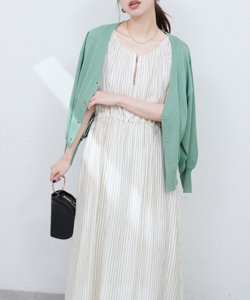 natural couture(ナチュラルクチュール)の「【mamamo】袖ギャザーウエストドロストワンピース(ワンピース・レディース・イエロー/ストライプ/ブラック・FREE)」の20枚目の写真