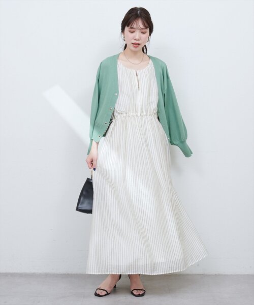 natural couture(ナチュラルクチュール)の「【mamamo】袖ギャザーウエストドロストワンピース(ワンピース・レディース・イエロー/ストライプ/ブラック・FREE)」の21枚目の写真
