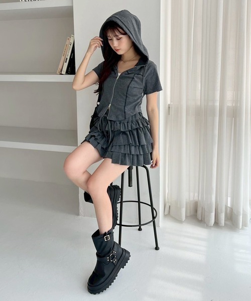 one after another NICE CLAUP（ワンアフターアナザーナイスクラップ）の「セットアップで着られる/プレート付きダブルジップパーカー（パーカー・レディース・杢グレー/チャコールグレー/オフホワイト/ピンク・FREE）」の17枚目の写真