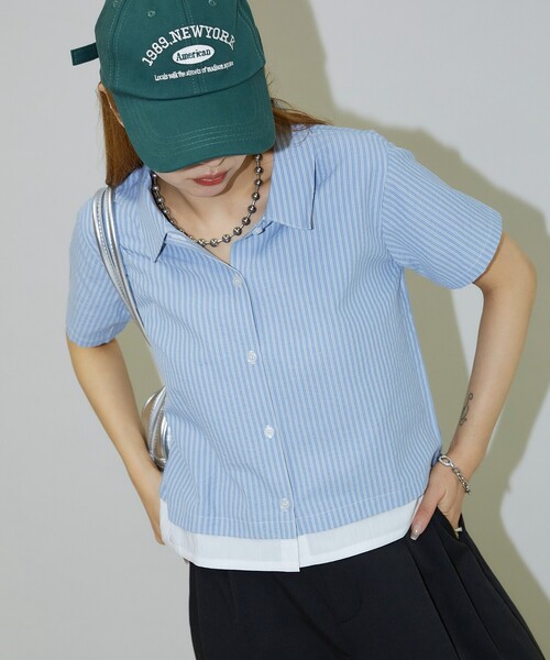 PUBLUX（パブリュクス）の「PUBLUX/パブリュクス レイヤード風 裾切り替え クロップド デザインシャツ（シャツ/ブラウス・レディース・サックスブルー/オフホワイト・ﾌﾘ-）」の12枚目の写真