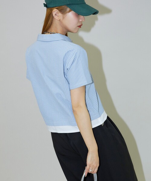 PUBLUX（パブリュクス）の「PUBLUX/パブリュクス レイヤード風 裾切り替え クロップド デザインシャツ（シャツ/ブラウス・レディース・サックスブルー/オフホワイト・ﾌﾘ-）」の13枚目の写真