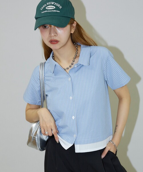 PUBLUX（パブリュクス）の「PUBLUX/パブリュクス レイヤード風 裾切り替え クロップド デザインシャツ（シャツ/ブラウス・レディース・サックスブルー/オフホワイト・ﾌﾘ-）」の14枚目の写真