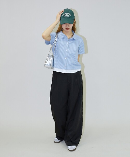 ブラウス シャツ PUBLUX/パブリュクス レイヤード風 裾切り替え クロップド デザインシャツ レディース PUBLUX/パブリュクス レイヤード風 裾切り替え クロップド