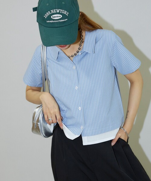 ブラウス シャツ PUBLUX/パブリュクス レイヤード風 裾切り替え クロップド デザインシャツ レディース PUBLUX ブラウス シャツ PUBLUX/パブリュクス レイヤード風 裾