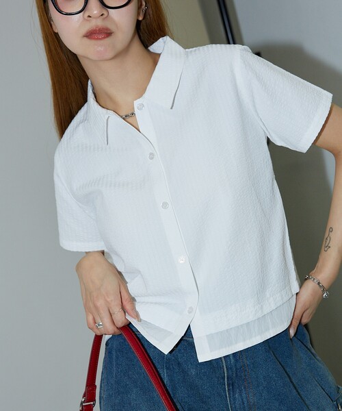 PUBLUX（パブリュクス）の「PUBLUX/パブリュクス レイヤード風 裾切り替え クロップド デザインシャツ（シャツ/ブラウス・レディース・サックスブルー/オフホワイト・ﾌﾘ-）」の10枚目の写真