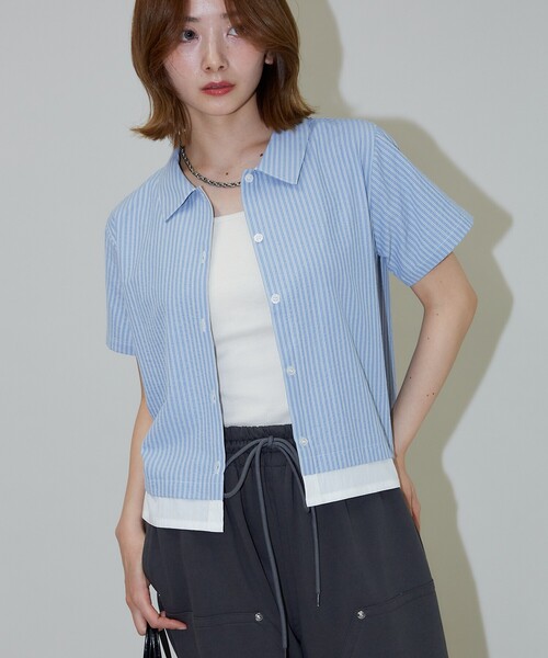 PUBLUX（パブリュクス）の「PUBLUX/パブリュクス レイヤード風 裾切り替え クロップド デザインシャツ（シャツ/ブラウス・レディース・サックスブルー/オフホワイト・ﾌﾘ-）」の17枚目の写真