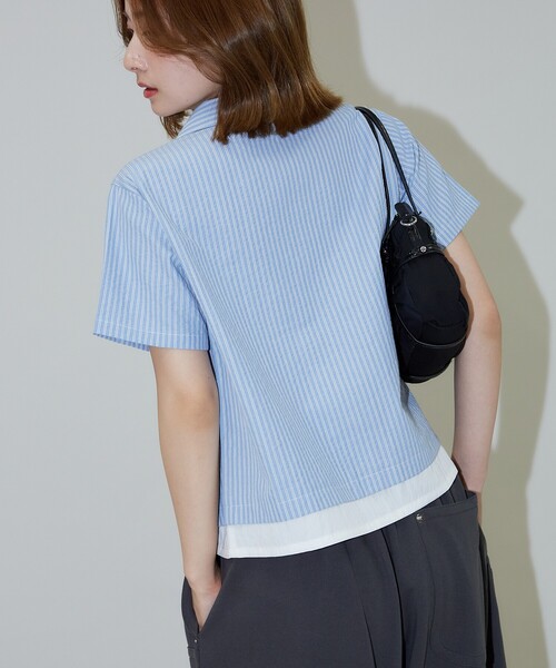 PUBLUX（パブリュクス）の「PUBLUX/パブリュクス レイヤード風 裾切り替え クロップド デザインシャツ（シャツ/ブラウス・レディース・サックスブルー/オフホワイト・ﾌﾘ-）」の18枚目の写真
