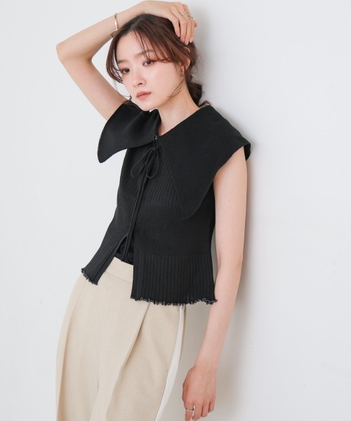 Bab(バブ)の「ビッグカラーサマーニットトップス(Tシャツ/カットソー・レディース・ベージュ/ブラック/オフホワイト・FREE)」の2枚目の写真