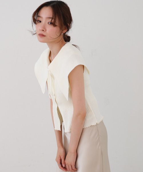 Bab(バブ)の「ビッグカラーサマーニットトップス(Tシャツ/カットソー・レディース・ベージュ/ブラック/オフホワイト・FREE)」の7枚目の写真