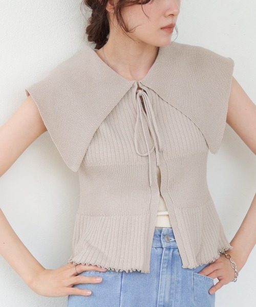 Bab(バブ)の「ビッグカラーサマーニットトップス(Tシャツ/カットソー・レディース・ベージュ/ブラック/オフホワイト・FREE)」の20枚目の写真